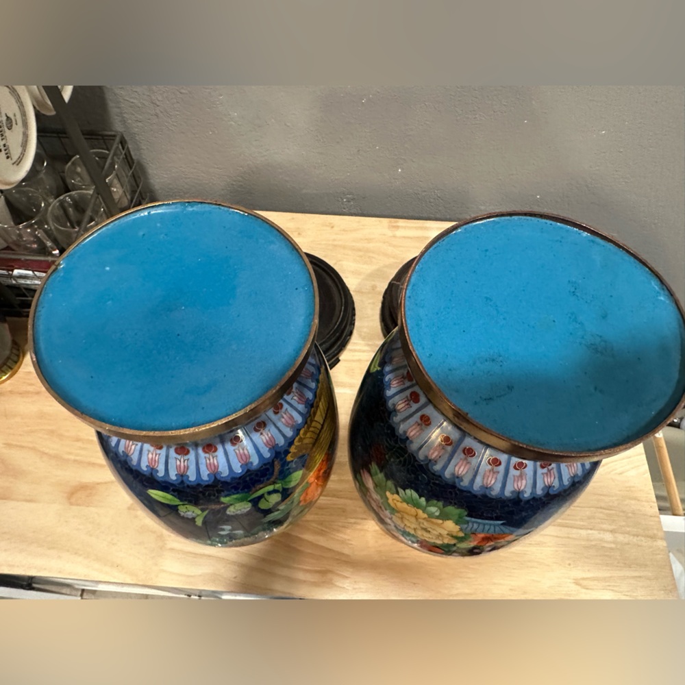 Pair of Blue Flower Bouquet Motif|  Oriental Cloisonné Vases with  wooden stand. - Picture 6 of 8